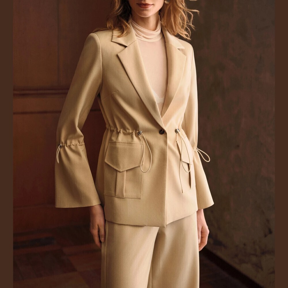 Tan Cinched Drawstring Waist Bell Sleeve Cargo Pocket Blazer